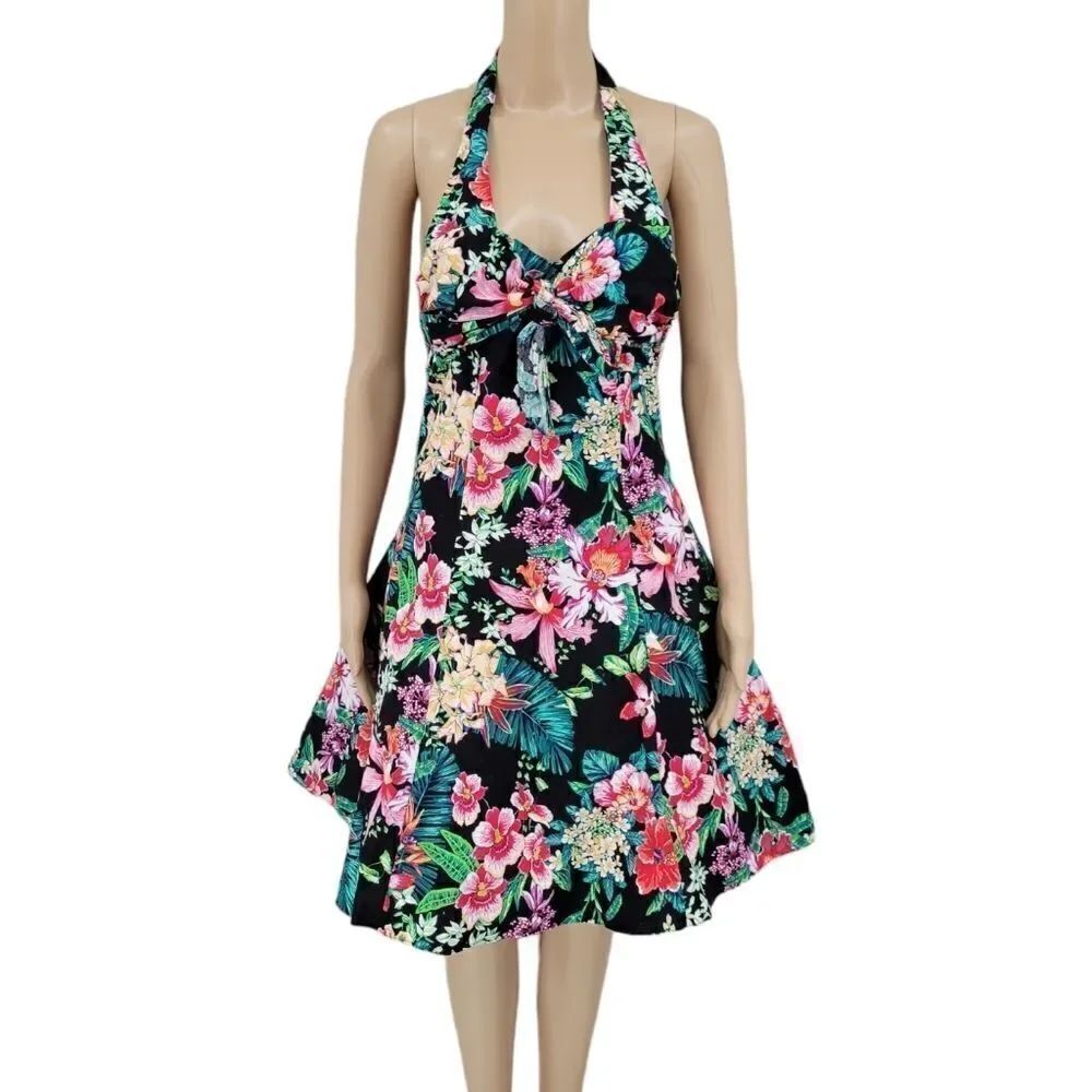 DBA LA Vtg 80s Tropical Floral Halter Rockabilly Pin-Up Swing Dress Juniors 7